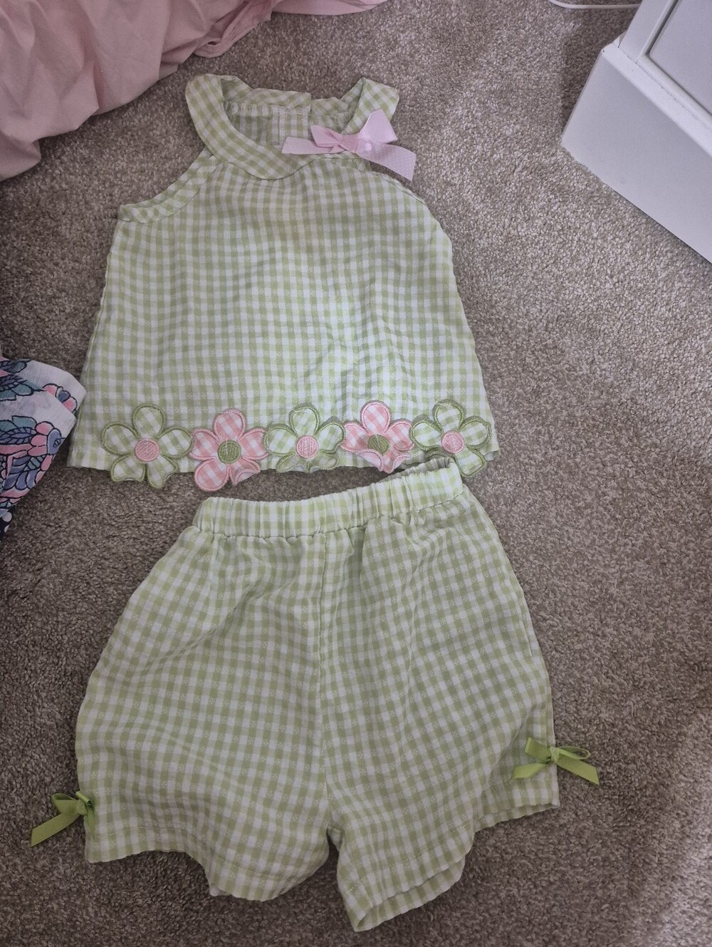 Girls Light Green Gingham Floral Trim Two-Piece Set